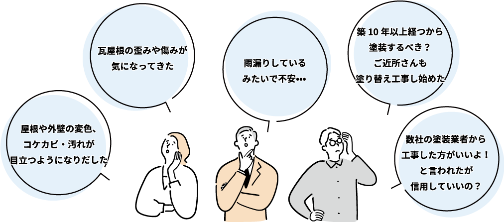 屋根や外壁の変色、コケカビ・汚れが目立つようになりだした,瓦屋根の歪みや傷みが気になってきた,雨漏りしているみたいで不安•••,築10年以上経つから塗装するべき？ご近所さんも塗り替え工事し始めた,数社の塗装業者から工事した方がいいよ！と言われたが信用していいの？