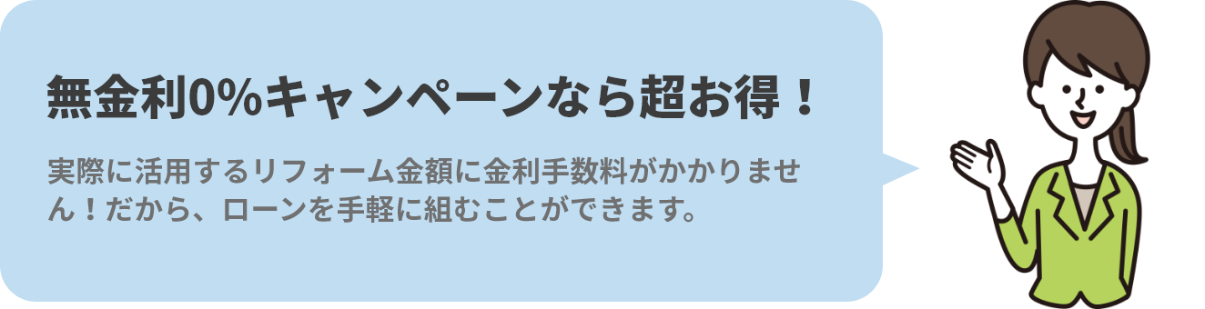 無金利0%キャンペーンなら超お得!実際に活用するリフォーム金額に金利手数料がかかりません!だから、ローンを手軽に組むことができます。
