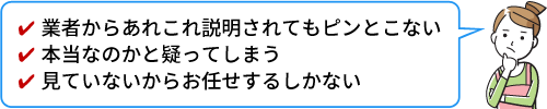 業者からあれこれ説明されてもピンとこない。本当なのかと疑ってしまう。見ていないからお任せするしかない