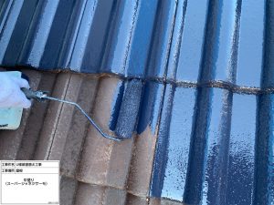 姫路市　モニエル瓦屋根をミッドナイトブルー塗装、レンガ調を再現した外壁塗り替え